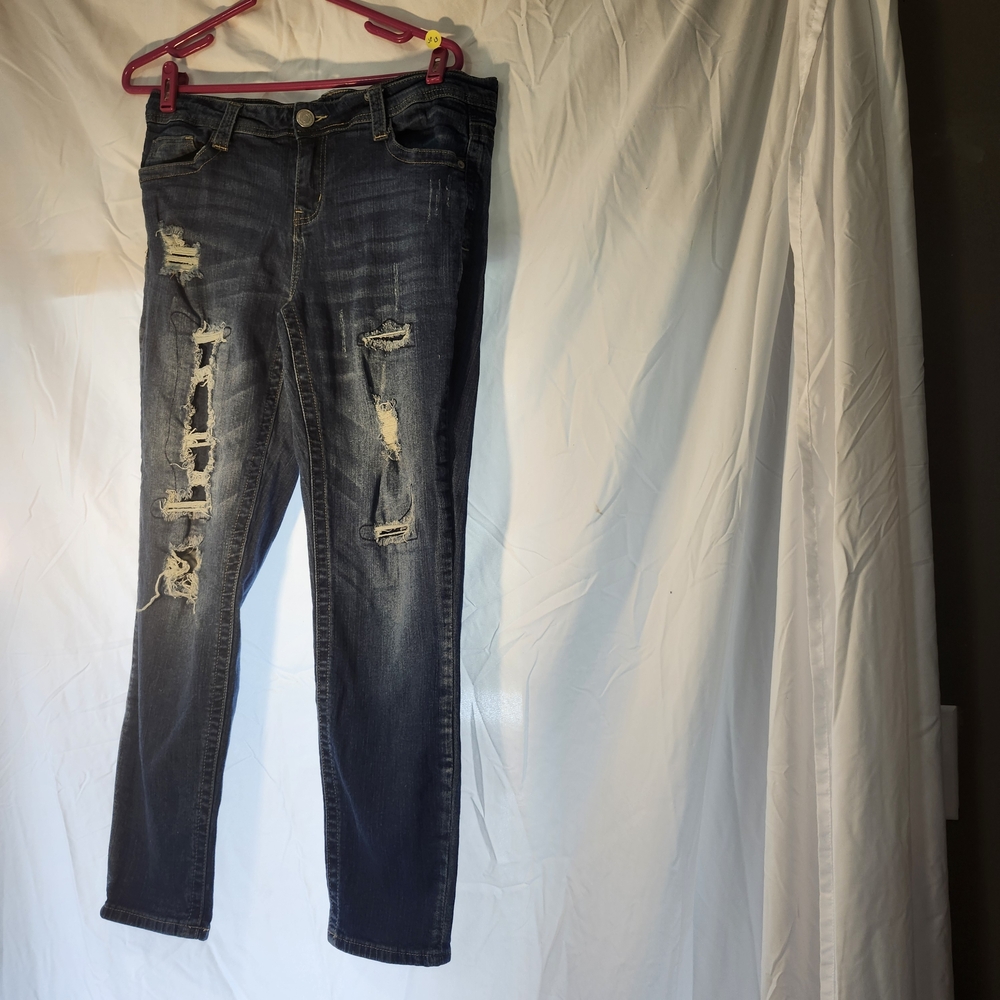 Seven7 Dark Blue Distressed Straight Leg Jeans
